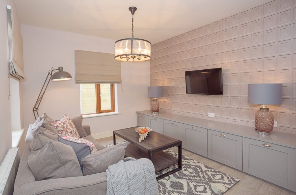 Living room wall paneling close-up with textured lamp – Innishannon Showhouse by AK Interior, Cork Ireland.