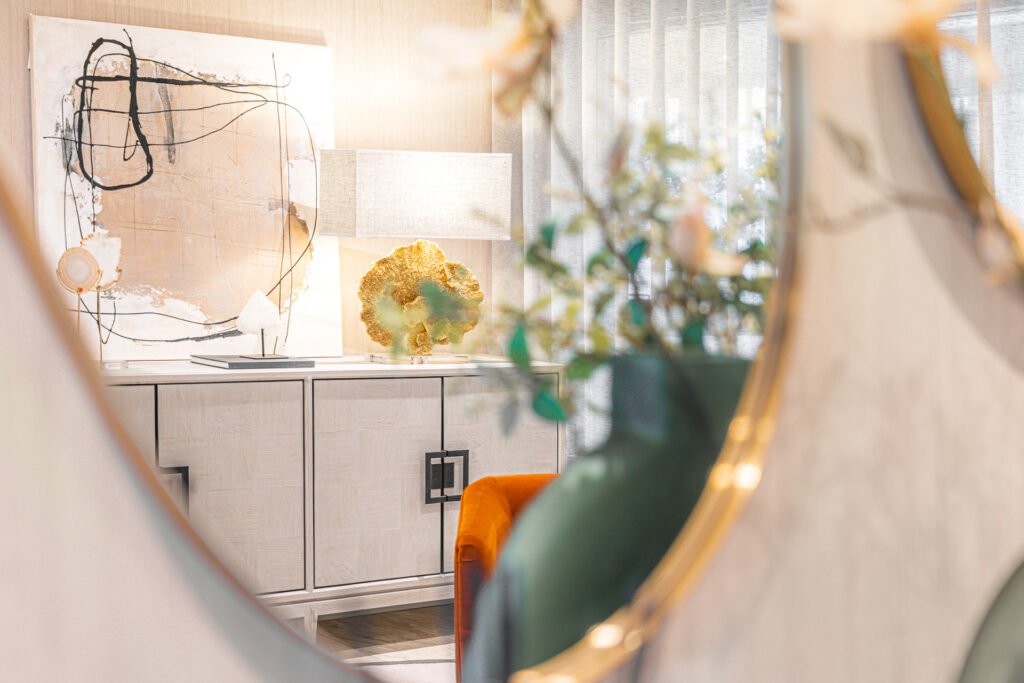 Gold stone decorative accent on a modern cabinet – Luxury Living Room Part Two by AK Interior.