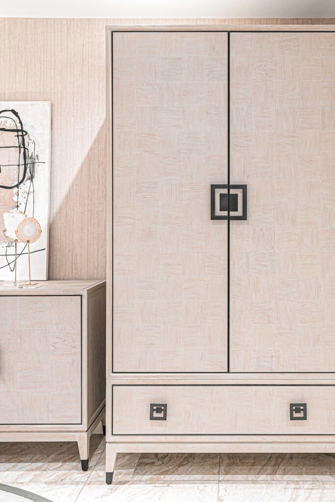 Textured fabric cabinet with black square handles – Luxury Living Room Part Two by AK Interior.