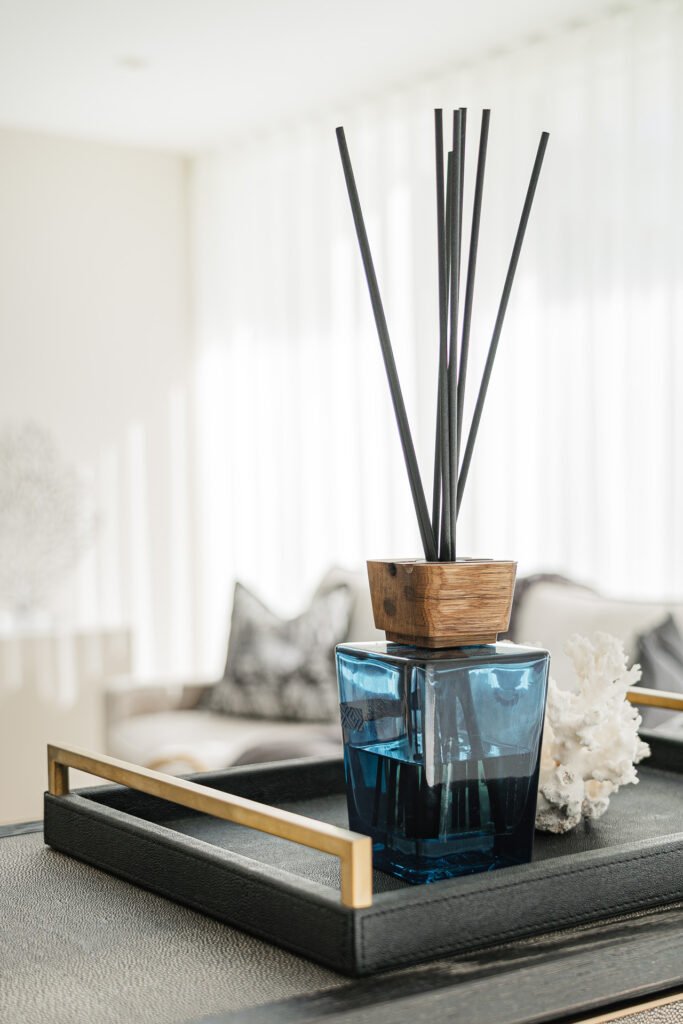 Blue fragrance diffuser on tray in the living room – Moneygurney Road Part One, AK Interior
