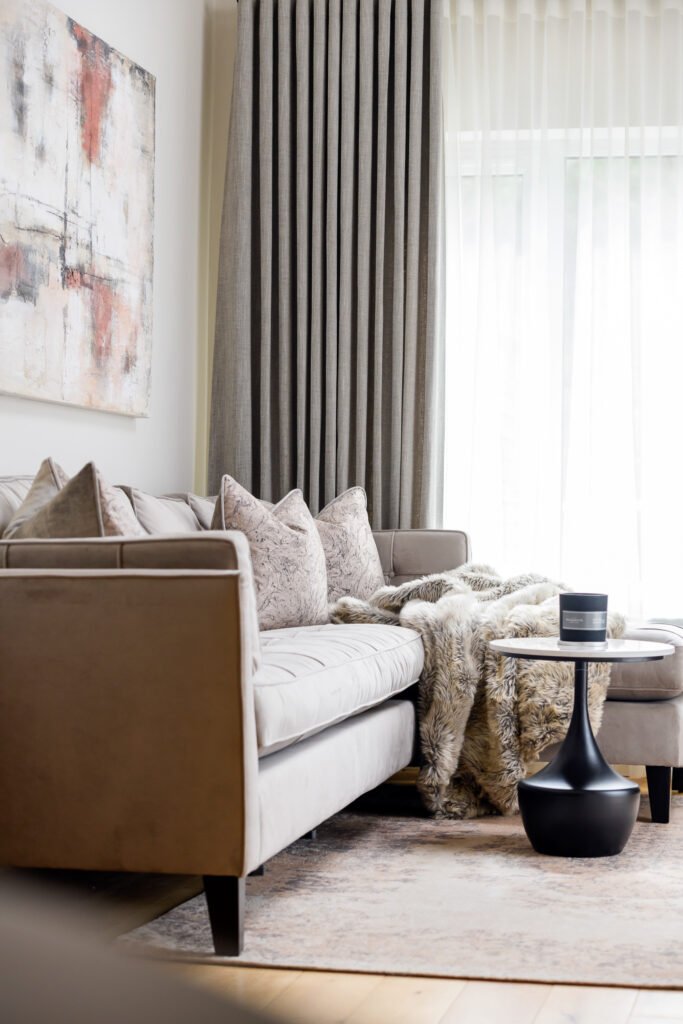 Long grey curtains by the large window – Whitegate Holiday Home, AK Interior, Cork