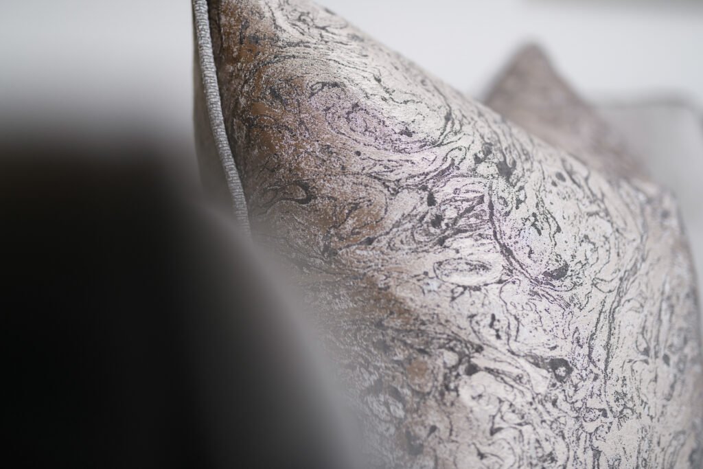 Close-up of a decorative cushion – Whitegate Holiday Home, AK Interior, Cork