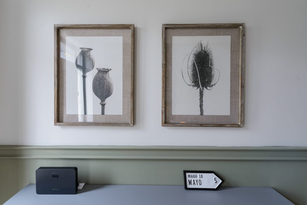 Two framed botanical prints on the wall – Whitegate Holiday Home, AK Interior, Cork