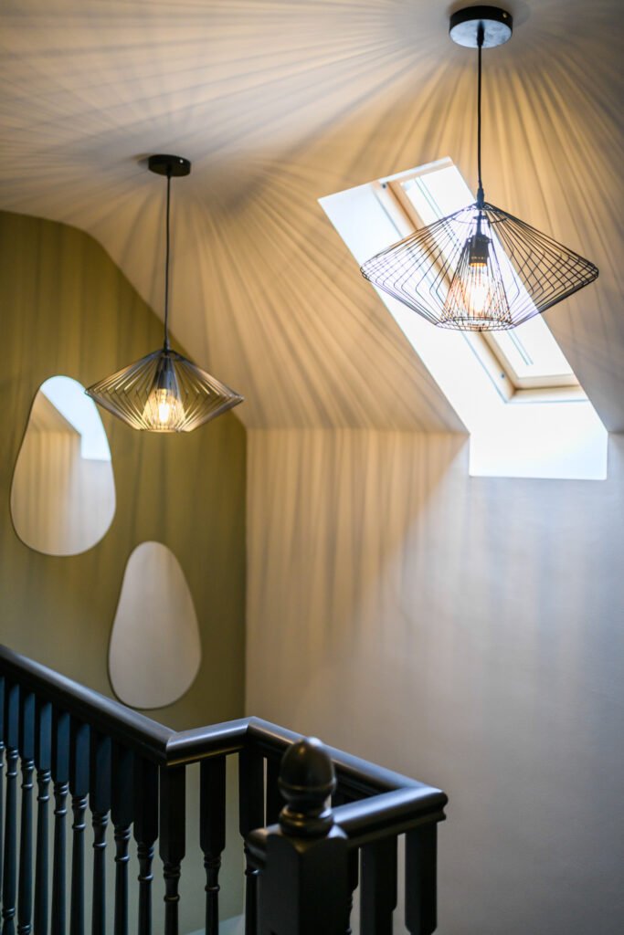 Metal pendant lights near the skylight – Whitegate Holiday Home, AK Interior, Cork