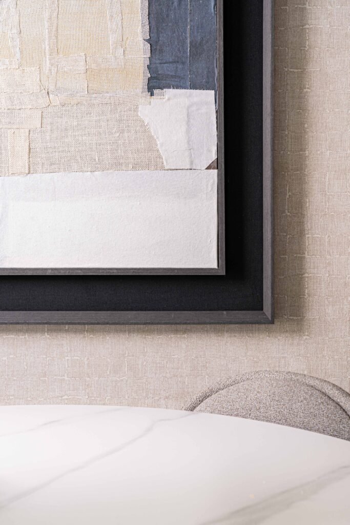 Close-up of abstract framed artwork with layered textures – Residential project “The Steeples Part One”, designed by AK Interior, Cork, Ireland.