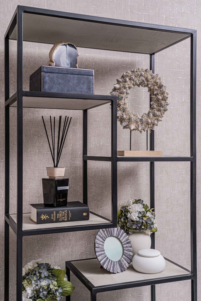Styled shelving with modern accessories, reed diffuser and ceramic decor – Residential project “The Steeples Part One”, designed by AK Interior, Cork, Ireland.
