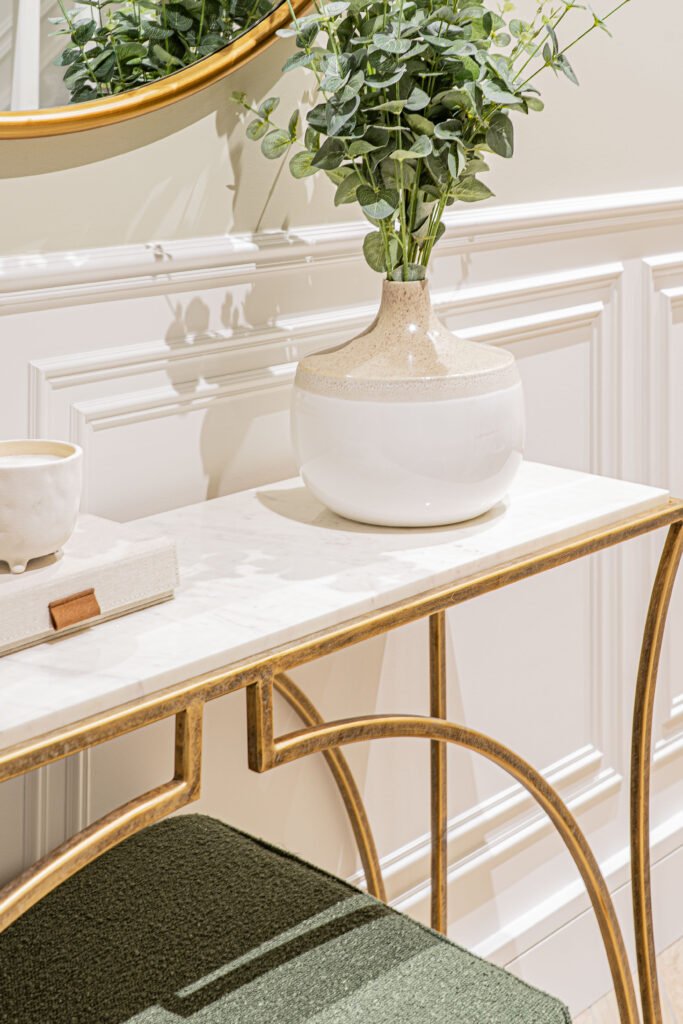 Console table styling with round mirror and green foliage — The Steeples Part One by AK Interior
