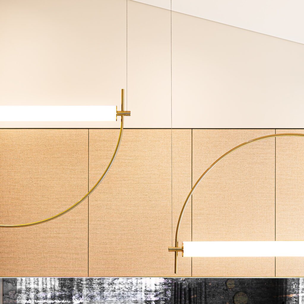 Gold arched pendant lights above warm textured wall panels – AK Interior Design, Cork