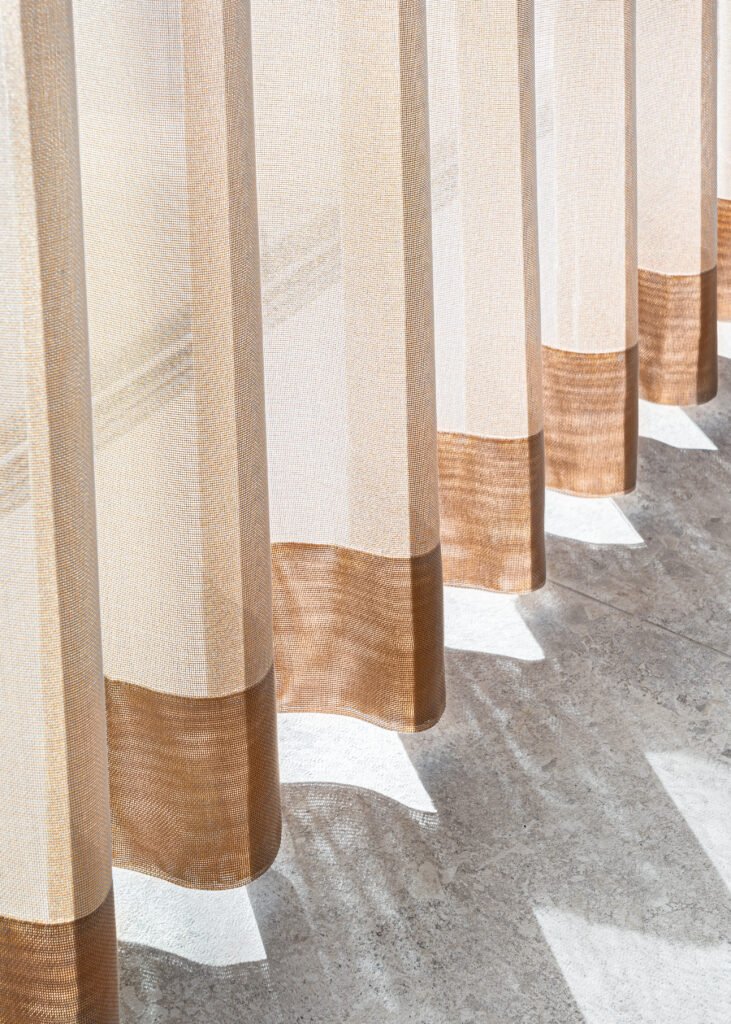 Close-up of two-tone floor-length curtains with textured fabric – Residential project “West Cork Waterfront”, designed by AK Interior, Cork, Ireland.