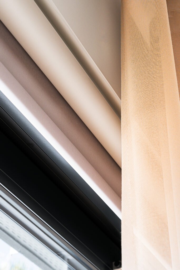 Close-up of two-tone sheer curtains with textured lower panel – West Cork Waterfront, residential project by AK Interior, Cork, Ireland.