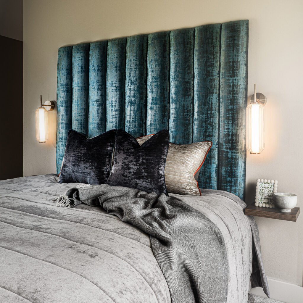 Soft-toned bedding with teal velvet headboard – Dingle project, designed by AK Interior, Cork, Ireland.