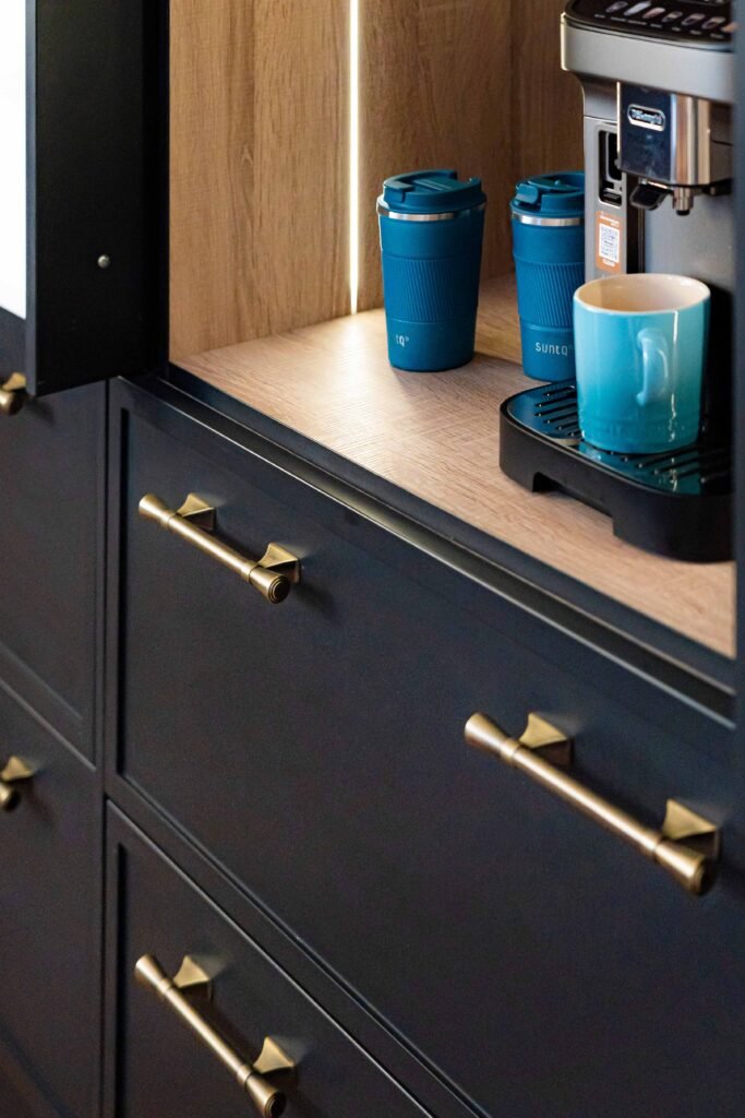 Black kitchen drawers with gold handles – Dingle project, designed by AK Interior, Cork, Ireland.