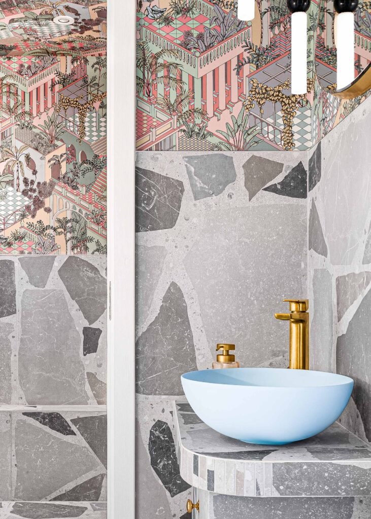 Blue vessel sink with terrazzo-style stone wall cladding – Bon Me project, designed by AK Interior Cork.