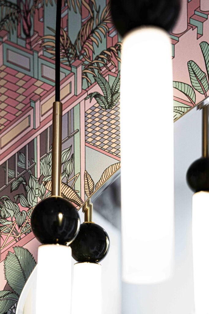 Pendant lights with black detailing against colorful patterned wallpaper – Bon Me project, designed by AK Interior Cork.