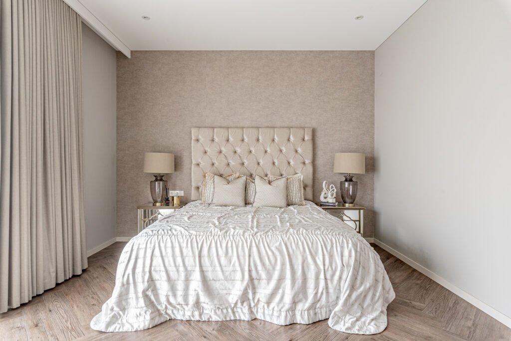 Light beige bedroom with classic tufted headboard – Monkstown Full House Design – AK Interior
