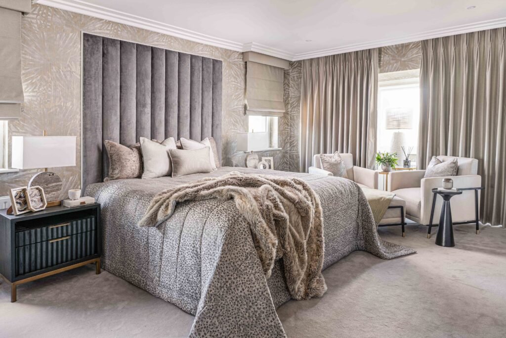 Contemporary bedroom interior with tufted headboard and decorative cushions | interior design services by AK Interior, Cork Ireland