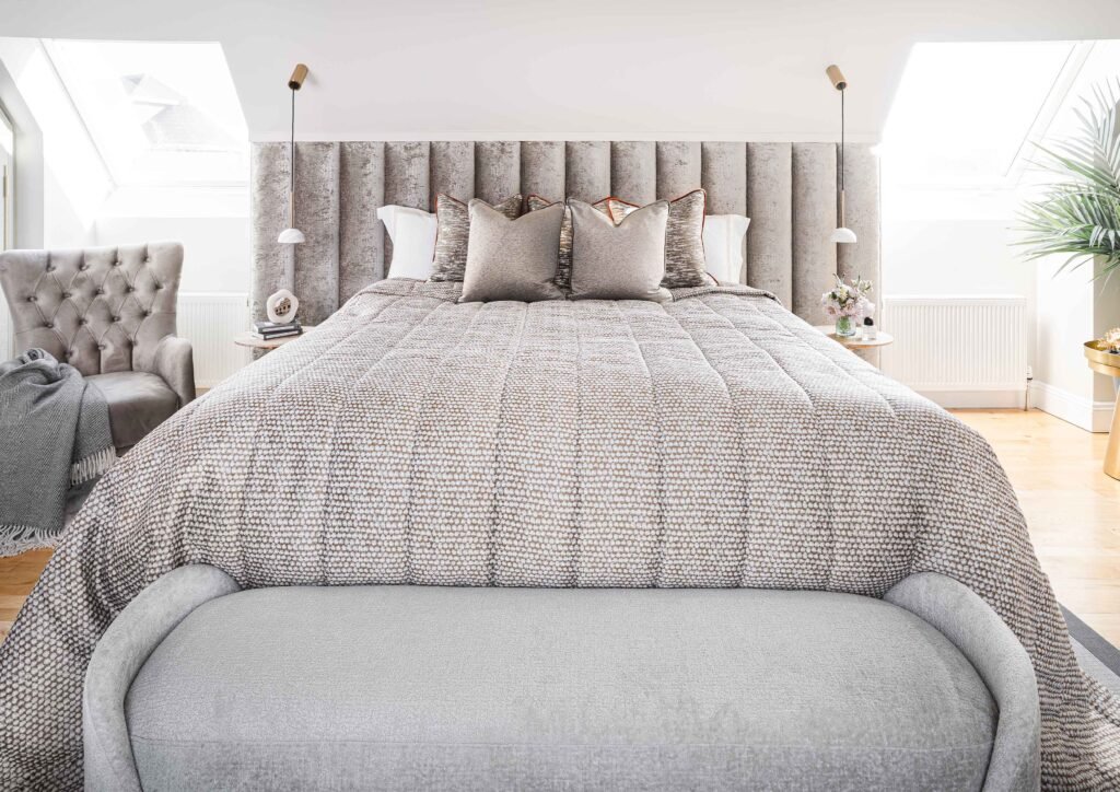 Luxury bedroom design with soft neutral tones and bespoke headboard | interior design services by AK Interior, Cork Ireland