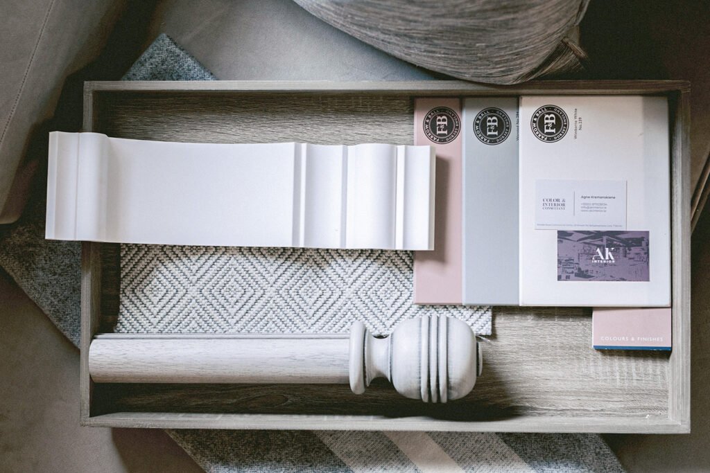 election of interior design colour samples and fabric swatches on a tray | interior design services by AK Interior, Cork Ireland